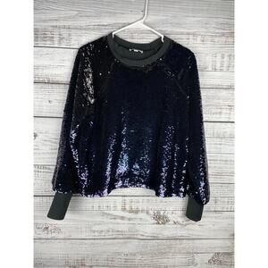 SkinnyGirl Crewneck Full Sequin Sweater Blue Purple Medium Boxy Bling Sparkle